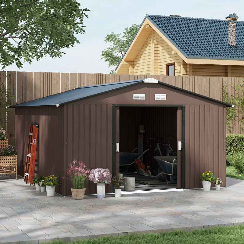 11.2' x 12.5' Large Garden Storage Shed with Dual Sliding Doors - Dark Brown
