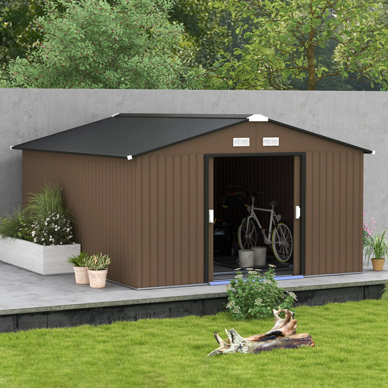 11.2' x 12.5' Large Garden Storage Shed with Dual Sliding Doors - Dark Brown