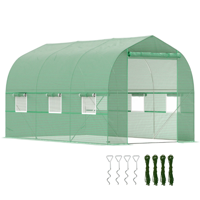 6.6' x 11.4' Walk-In Portable Plastic Cover Garden Greenhouse, Peaked Roof, Steel Frame, Green