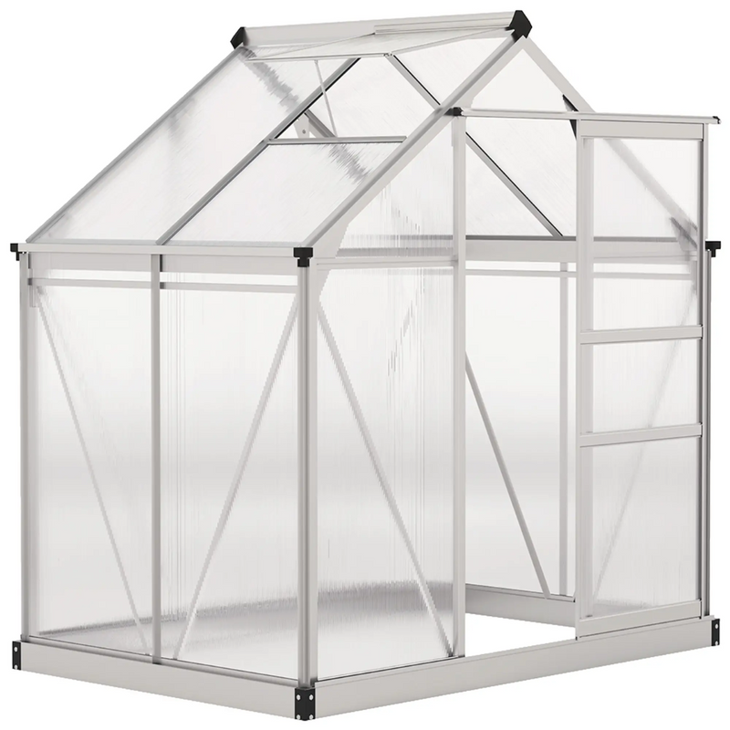 6.2' x 4.3' Walk-In Greenhouse with Aluminum Frame, Polycarbonate Panels and Sliding Door - Silver