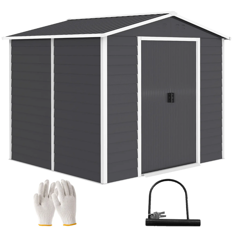 8' x 7' Galvanized Steel Outdoor Storage Shed with Dual Sliding Doors and Floor Frame - Dark Grey