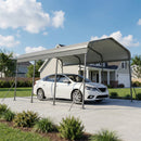 White car parked under a metal carport with a house in the background