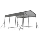 Outdoor carport canopy structure with a metal frame and galvanized steel roof on a white background