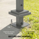 Metal post with expansion screws for concrete and ground stakes for grass on a grassy background.