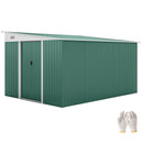 Green metal shed with a white door and white gloves on a white background