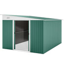 Green metal storage shed with dual sliding doors on a white background
