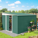 11 x 9 Green metal storage shed in a garden with plants and tools