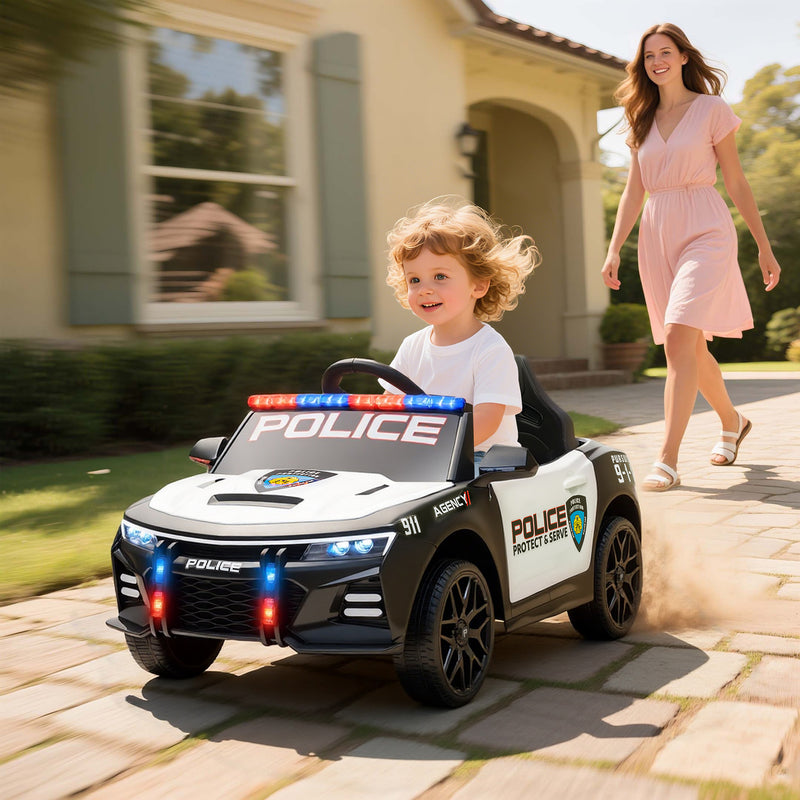 12V Electric Ride-On Police Car for Kids, Single Seat with Parental Remote, Music and Horn