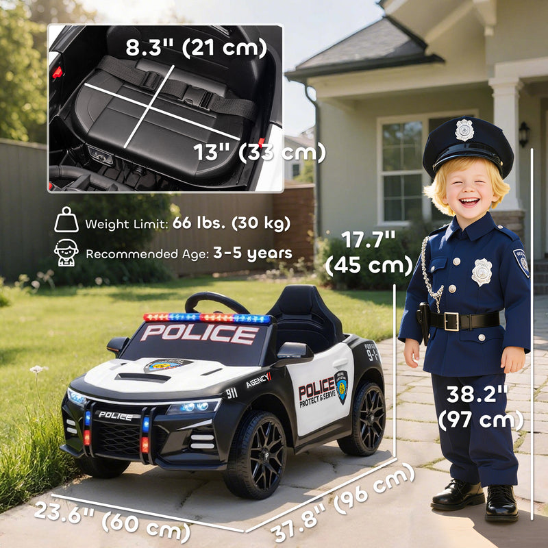 12V Electric Ride-On Police Car for Kids, Single Seat with Parental Remote, Music and Horn
