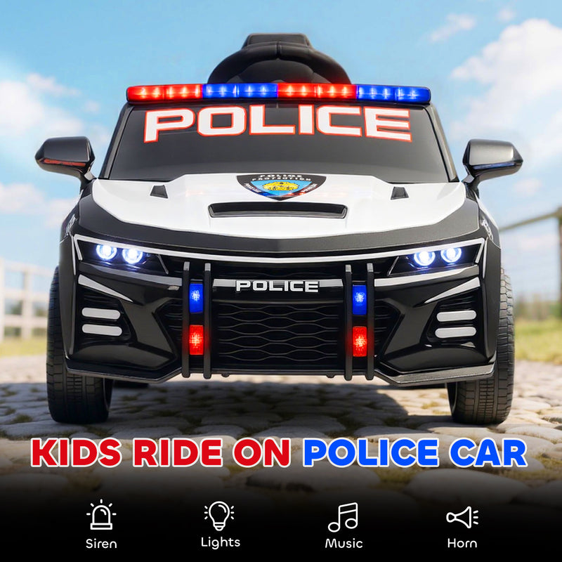 12V Electric Ride-On Police Car for Kids, Single Seat with Parental Remote, Music and Horn