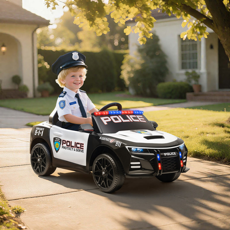 12V Electric Ride-On Police Car for Kids, Single Seat with Parental Remote, Music and Horn