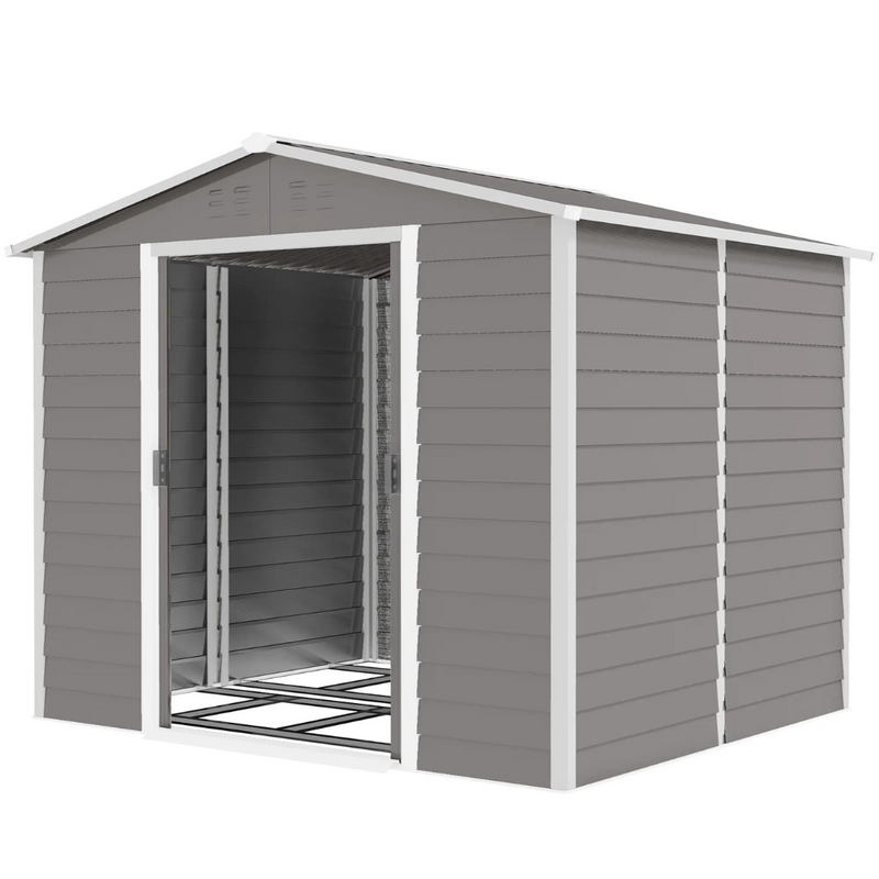 8' x 7' Galvanized Steel Outdoor Storage Shed with Dual Sliding Doors and Floor Frame - Light Grey