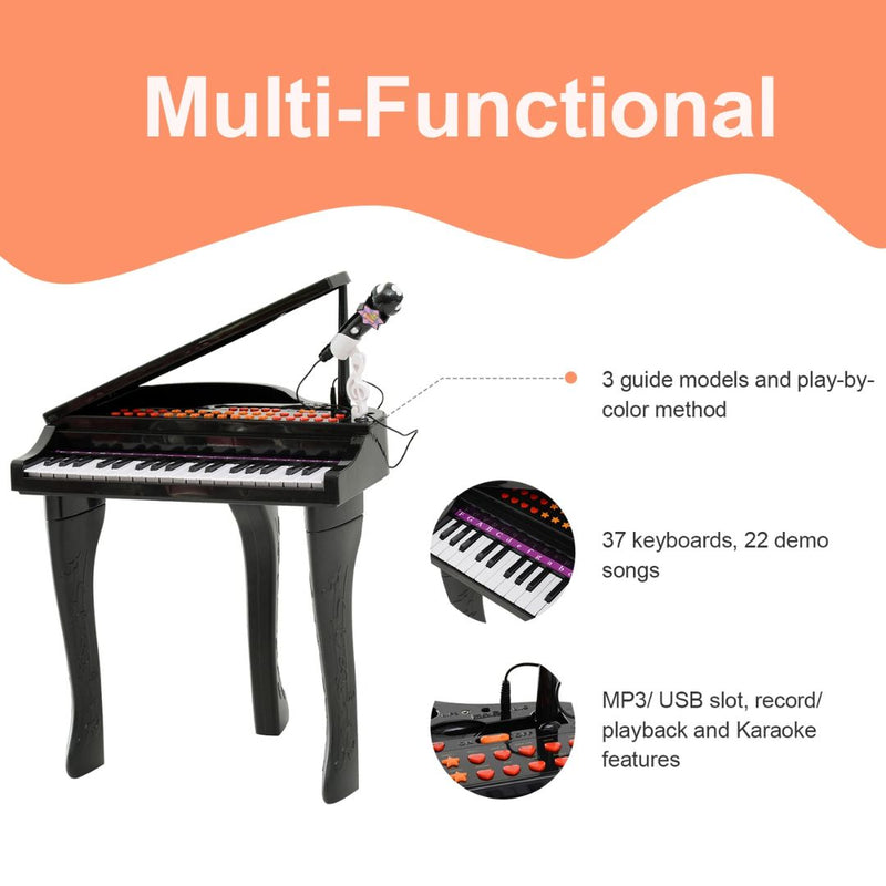 Mini Grand Piano Electronic Keyboard for Kids w/ 37 Keys and Microphone - Black