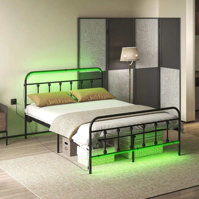 Beds, Luma Full Size Metal Platform Bedframe with LED Lights, Charging Station and Underbed Storage - Black (Copy) - Seasonal Overstock