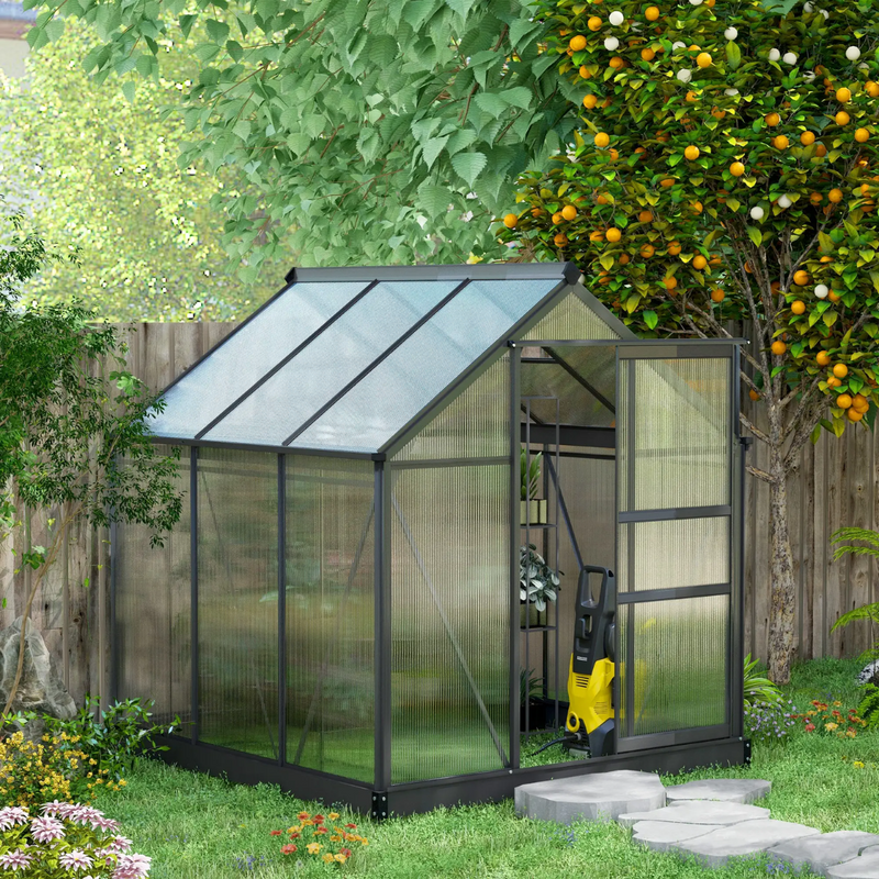 6.2' x 6.3' Walk-In Greenhouse with Aluminum Frame, Polycarbonate Panels, Sliding Door - Grey