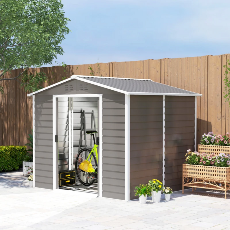 8' x 7' Galvanized Steel Outdoor Storage Shed with Dual Sliding Doors and Floor Frame - Light Grey