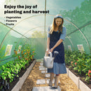 Woman in a greenhouse with plants and text about gardening