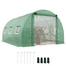 13 x 10 Green greenhouse with plants inside, supported by black stakes and white stakes on a white background