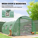 10 x 13 Green outdoor shelter with mesh door and windows, featuring a dog and chicken, on a sunny day.
