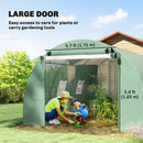 10 x 13 Green greenhouse with large door, children gardening inside, text indicating dimensions.