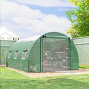 10 x 13 Green greenhouse with mesh door in a backyard setting