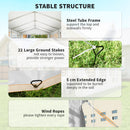 Collage of a tent setup with text highlighting features like steel tube frame, ground stakes, extended edge, and wind ropes.