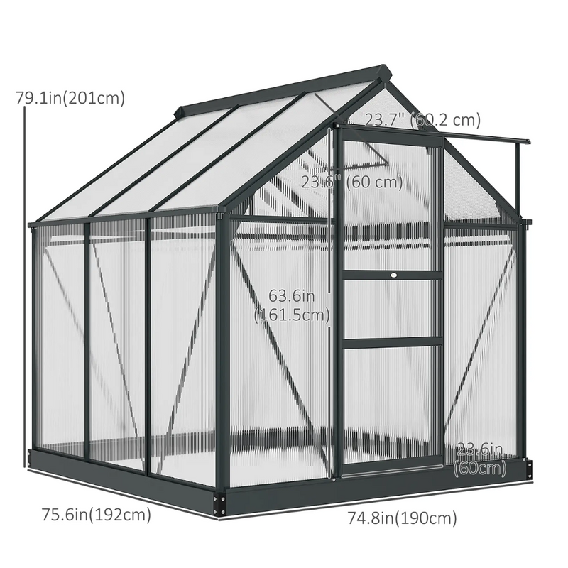 6.2' x 6.3' Walk-In Greenhouse with Aluminum Frame, Polycarbonate Panels, Sliding Door - Grey