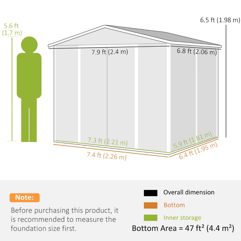 8' x 7' Galvanized Steel Outdoor Storage Shed with Dual Sliding Doors and Floor Frame - Light Grey