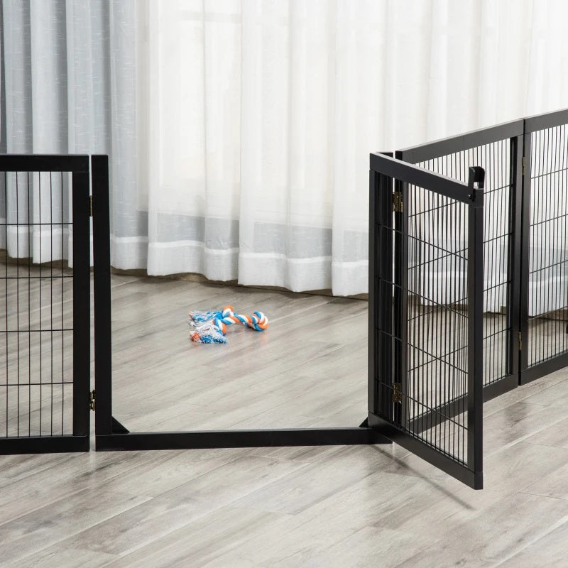 14ft Large Freestanding Pet Gate w/ 6 Wood Framed Panels & Support Feet - Black