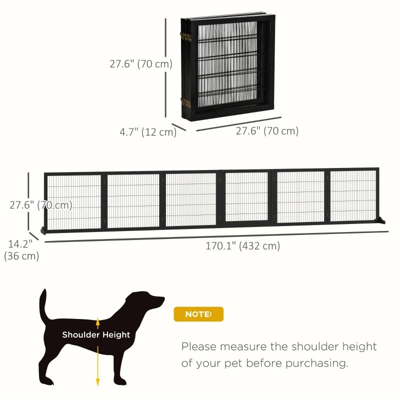 14ft Large Freestanding Pet Gate w/ 6 Wood Framed Panels & Support Feet - Black