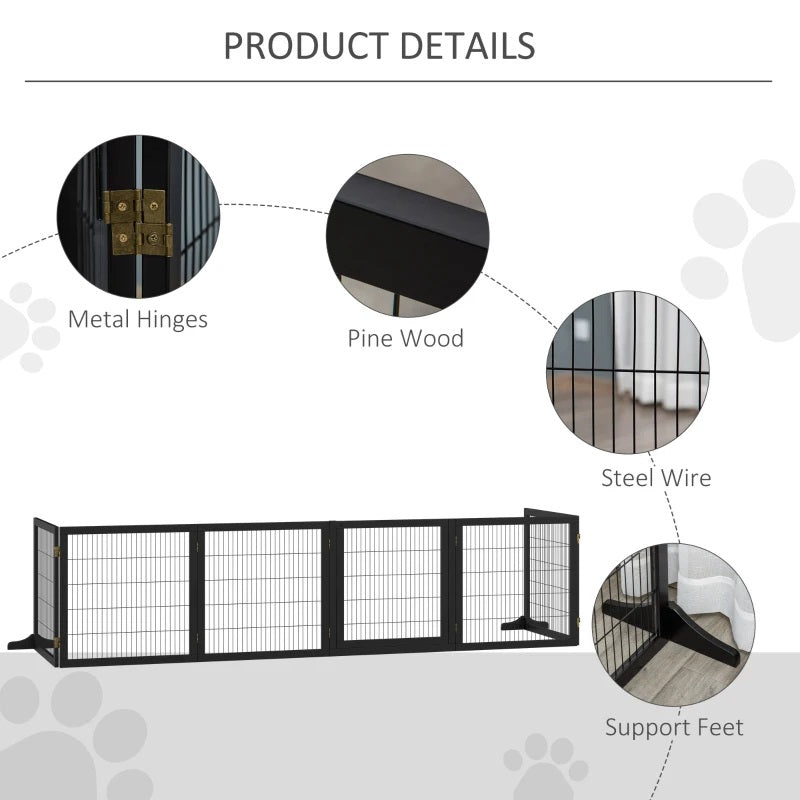 14ft Large Freestanding Pet Gate w/ 6 Wood Framed Panels & Support Feet - Black