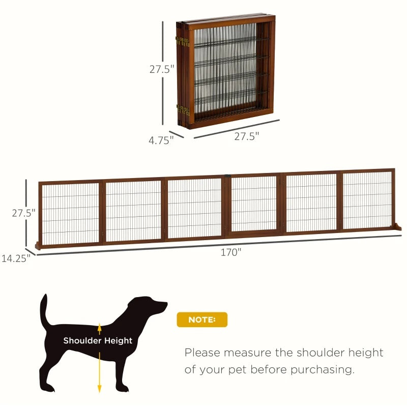 14ft Large Freestanding Pet Gate w/ 6 Wood Framed Panels & Support Feet - Brown