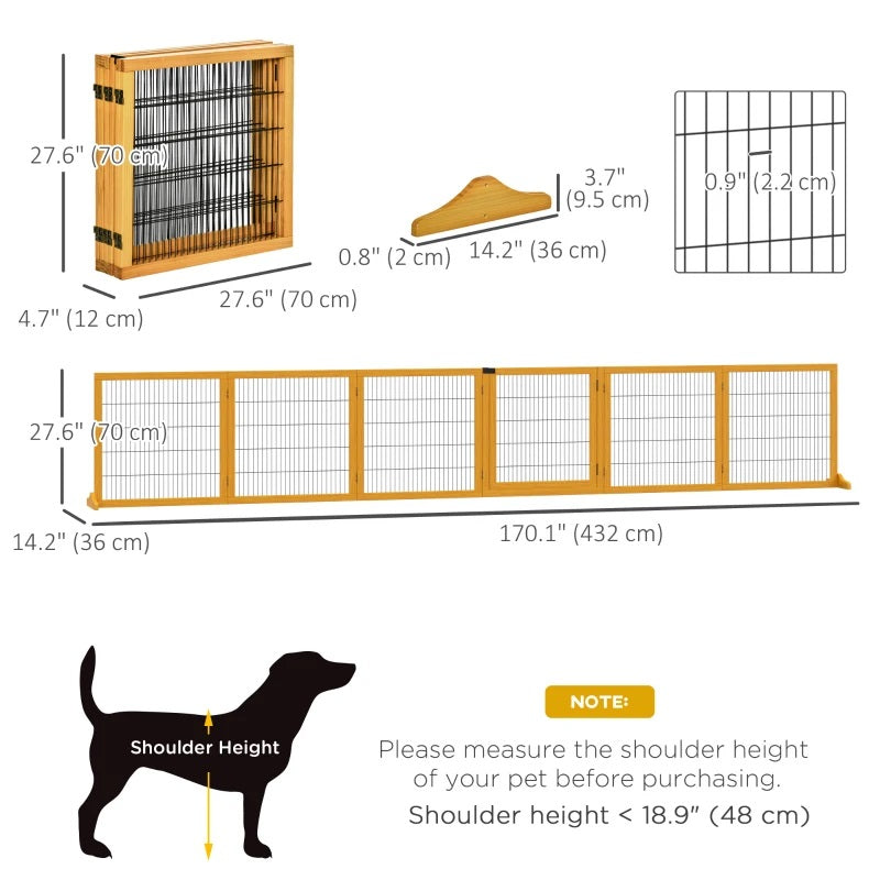 14ft Large Freestanding Pet Gate w/ 6 Wood Framed Panels & Support Feet - Finished Wood