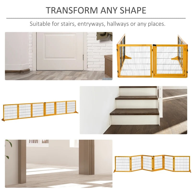 14ft Large Freestanding Pet Gate w/ 6 Wood Framed Panels & Support Feet - Finished Wood