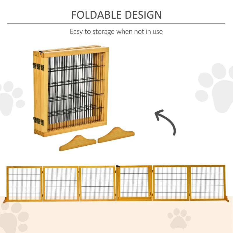 14ft Large Freestanding Pet Gate w/ 6 Wood Framed Panels & Support Feet - Finished Wood