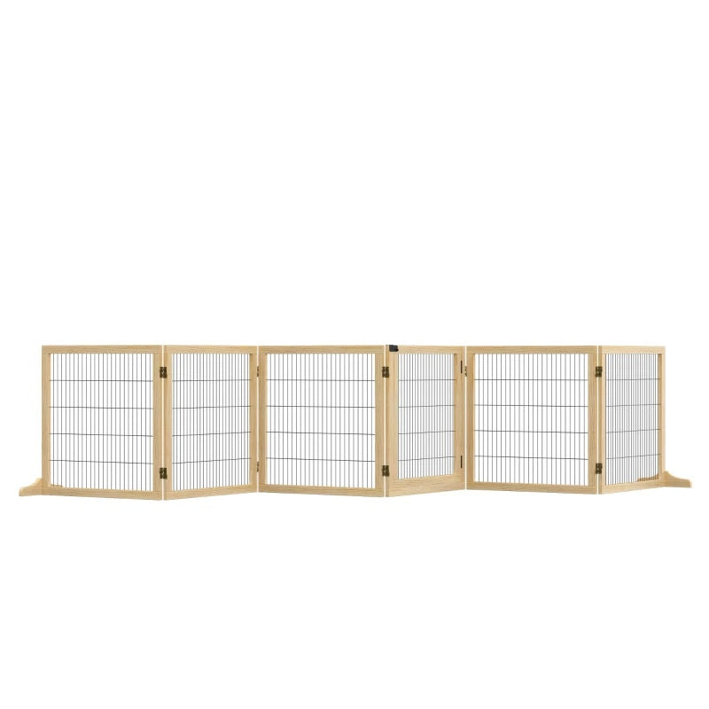 14ft Large Freestanding Pet Gate w/ 6 Wood Framed Panels & Support Feet - Natural Wood