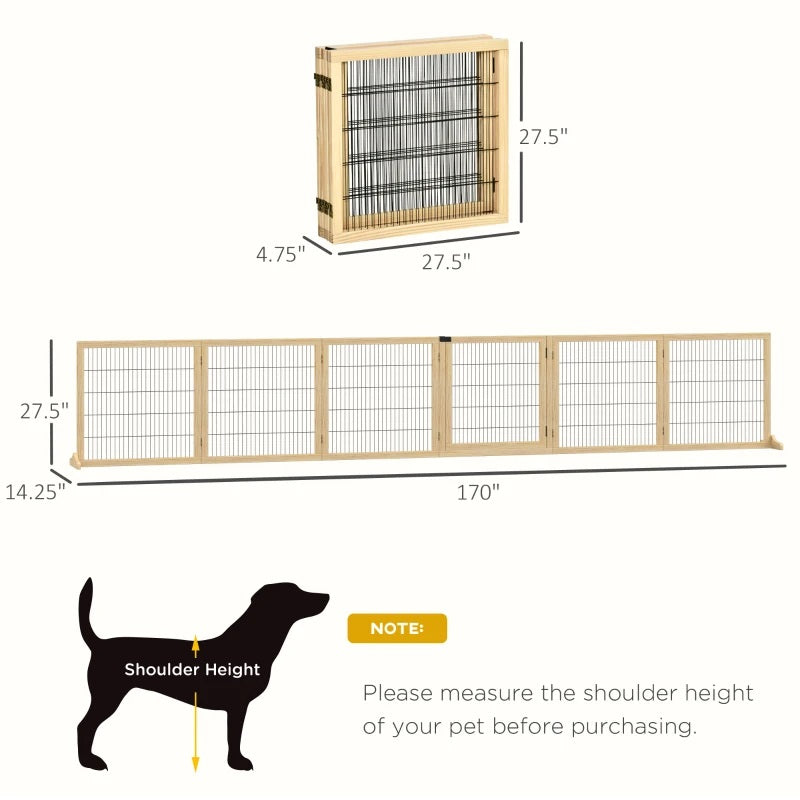 14ft Large Freestanding Pet Gate w/ 6 Wood Framed Panels & Support Feet - Natural Wood