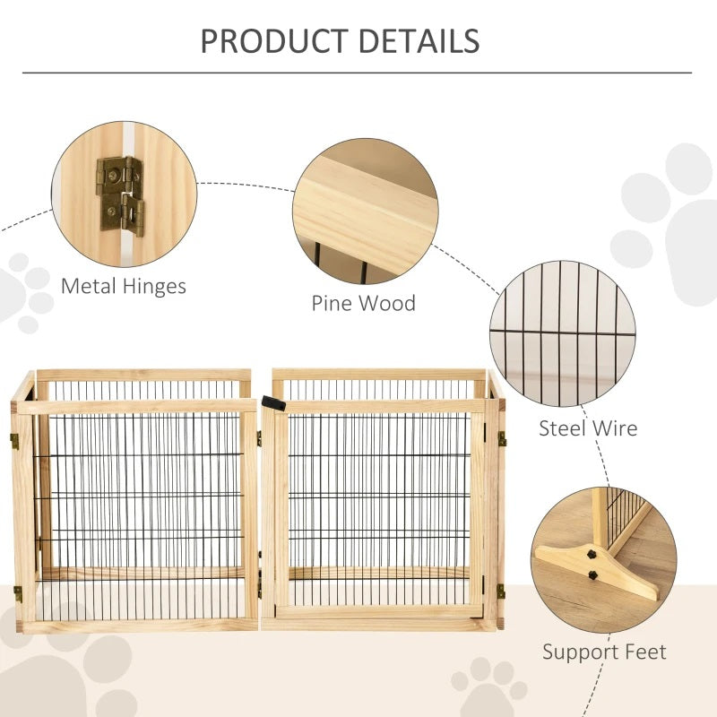 14ft Large Freestanding Pet Gate w/ 6 Wood Framed Panels & Support Feet - Natural Wood