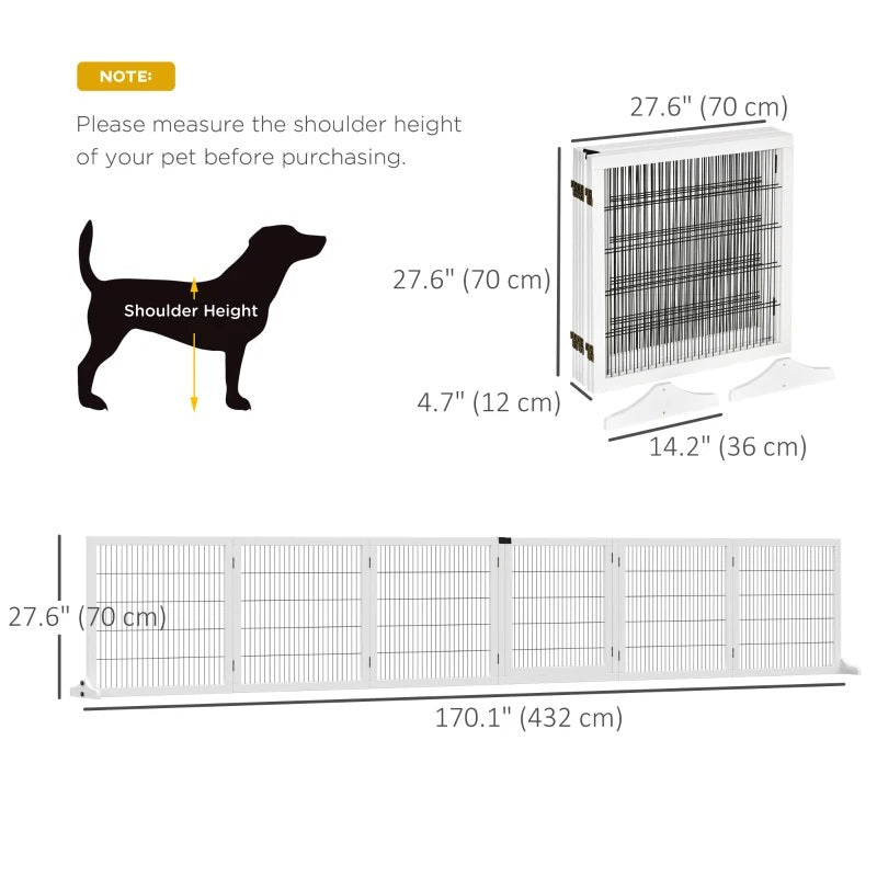 14ft Large Freestanding Pet Gate w/ 6 Wood Framed Panels & Support Feet - White