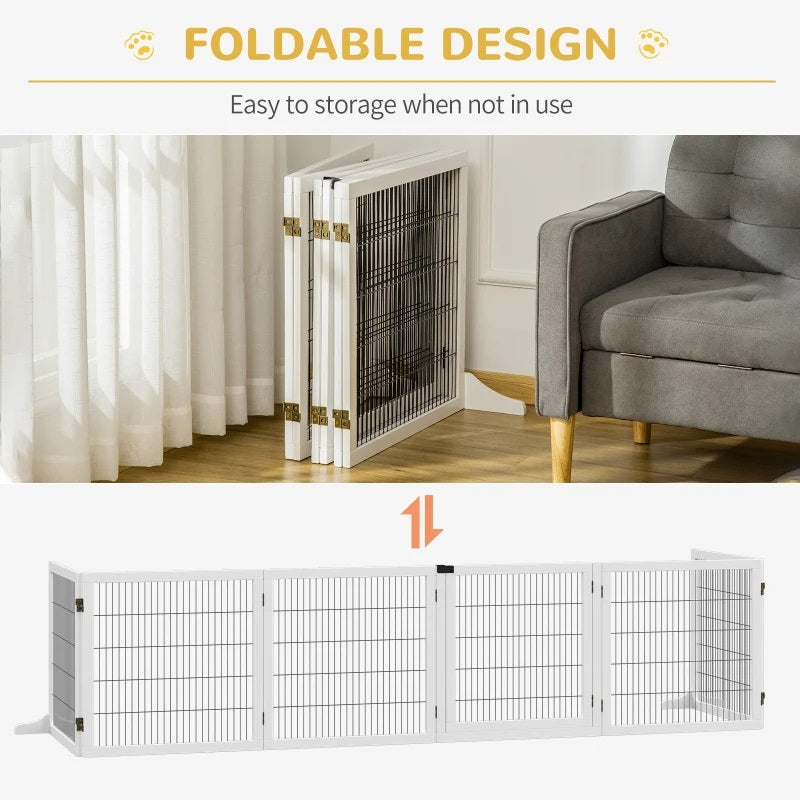 14ft Large Freestanding Pet Gate w/ 6 Wood Framed Panels & Support Feet - White