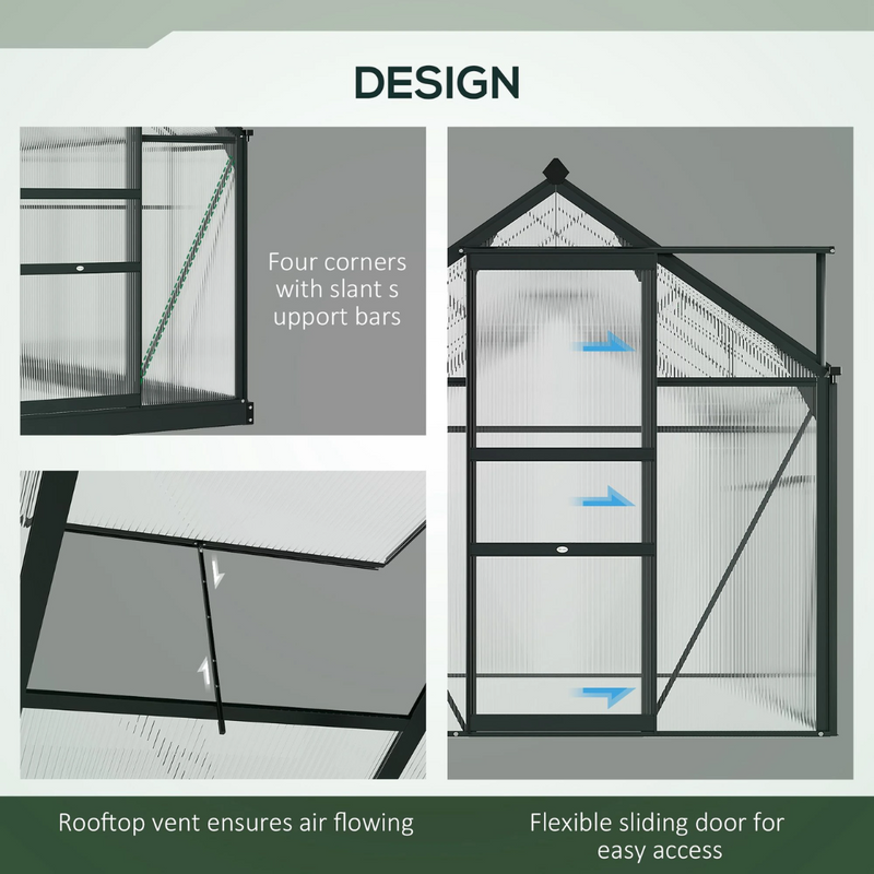 6.2' x 6.3' Walk-In Greenhouse with Aluminum Frame, Polycarbonate Panels, Sliding Door - Grey