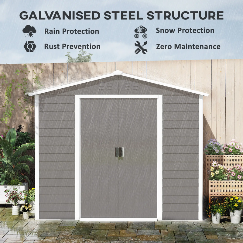 8' x 7' Galvanized Steel Outdoor Storage Shed with Dual Sliding Doors and Floor Frame - Light Grey