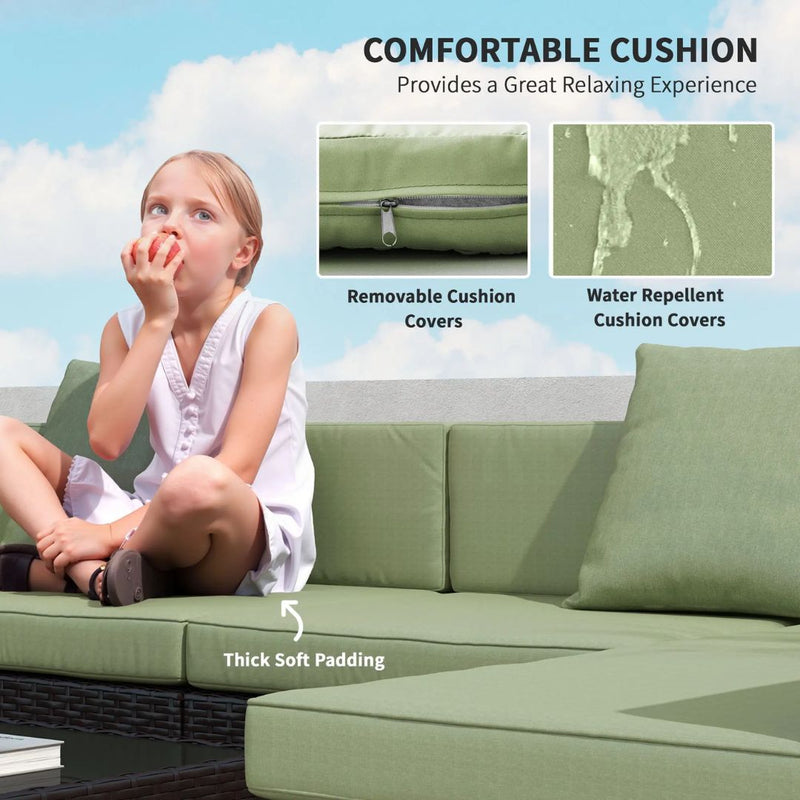 Patio Furniture, Peace River 7 Pc Rattan Wicker Modular Outdoor Furniture Sectional Sofa Set - Light Green / Brown - Seasonal Overstock