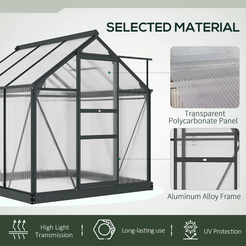 6.2' x 6.3' Walk-In Greenhouse with Aluminum Frame, Polycarbonate Panels, Sliding Door - Grey