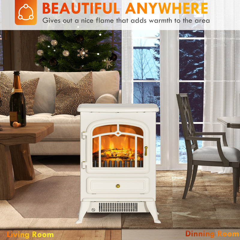 16" Freestanding Electric Fireplace with 1500W Heater with Realistic Wood Burning Flame, White