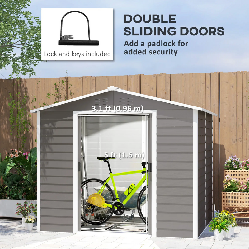 8' x 7' Galvanized Steel Outdoor Storage Shed with Dual Sliding Doors and Floor Frame - Light Grey