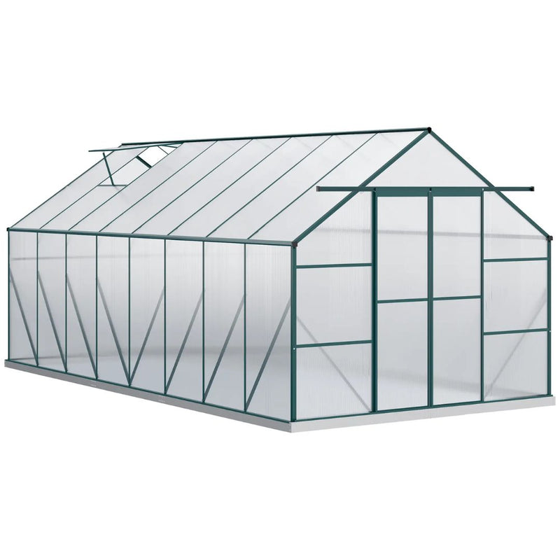 16' x 8' Large Walk-in Greenhouse with Polycarbonate Panels, Aluminum Frame, Double Door - Green