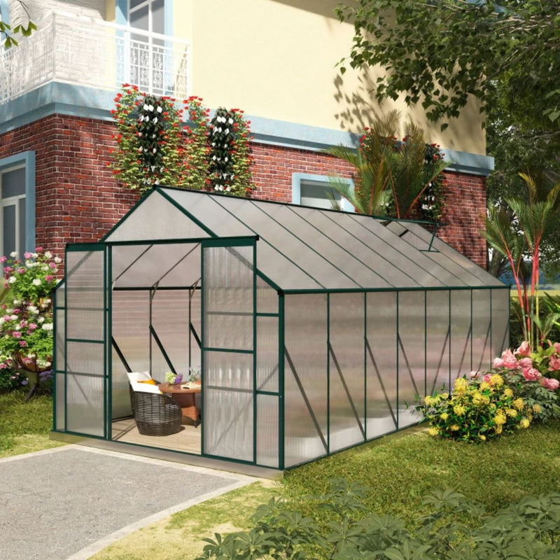 16' x 8' Large Walk-in Greenhouse with Polycarbonate Panels, Aluminum Frame, Double Door - Green