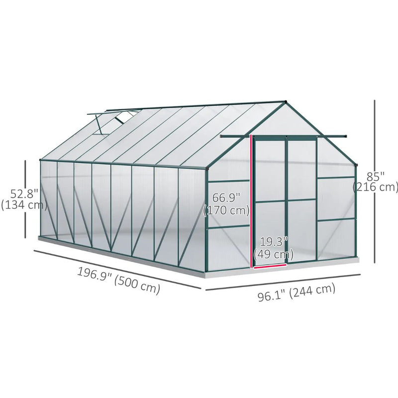 16' x 8' Large Walk-in Greenhouse with Polycarbonate Panels, Aluminum Frame, Double Door - Green