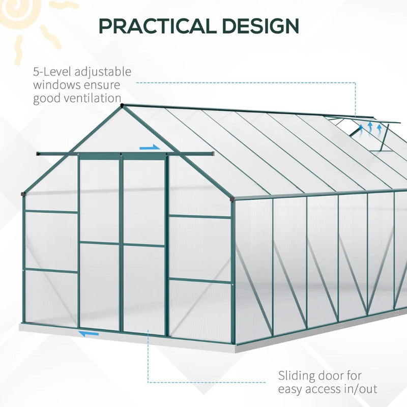 16' x 8' Large Walk-in Greenhouse with Polycarbonate Panels, Aluminum Frame, Double Door - Green